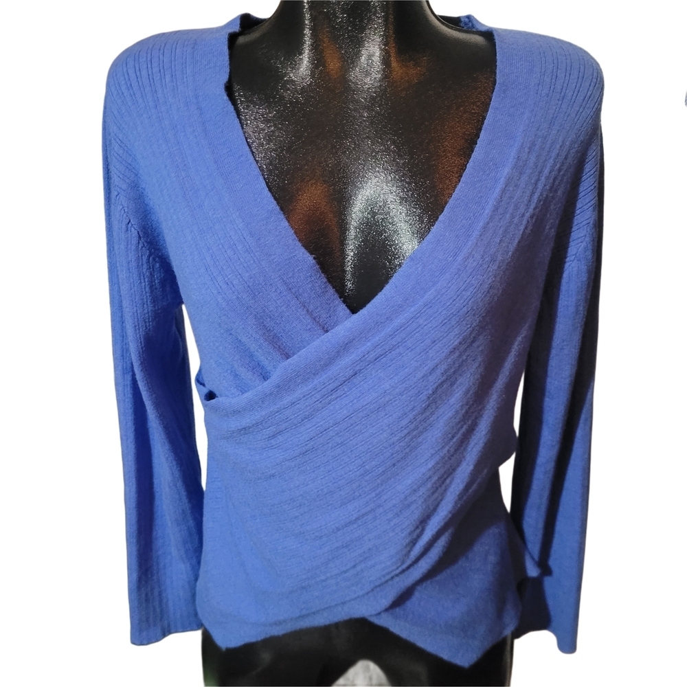 Blue Ribbed Knit Wrap Style V Neck Sweater XXL